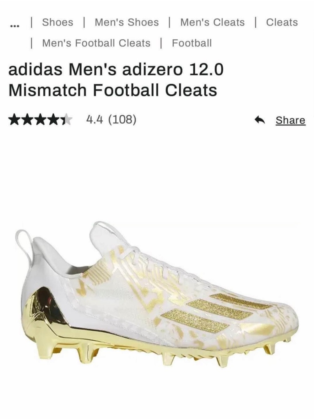 adidas White and Gold Men's adizero 12.0 Football Cleat